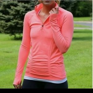 Athleta Fastest Track Coral Pink Long Sleeve Running Shirt Thumbholes 1/4 Zip.